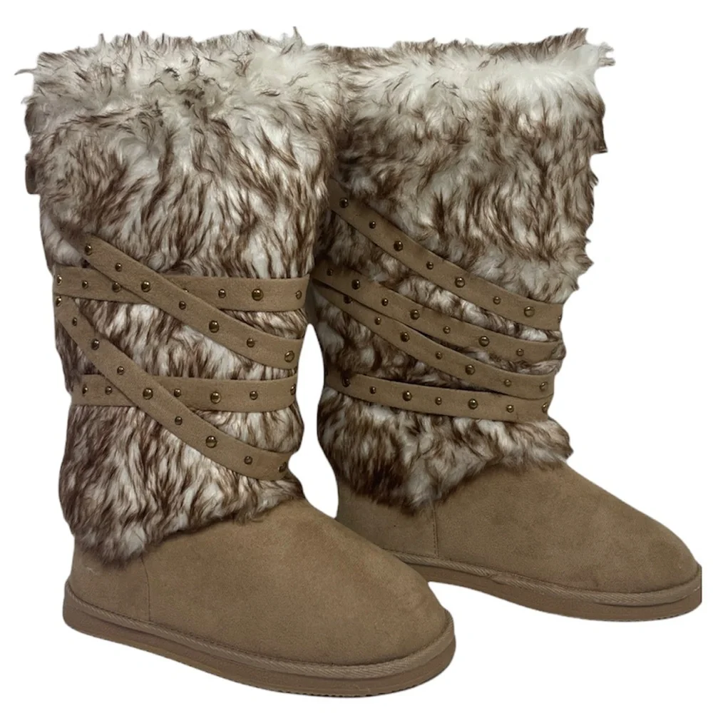 Fur Boots Tall Knee High Winter Snow Boots Neutral Beige Taupe Womens Size 10